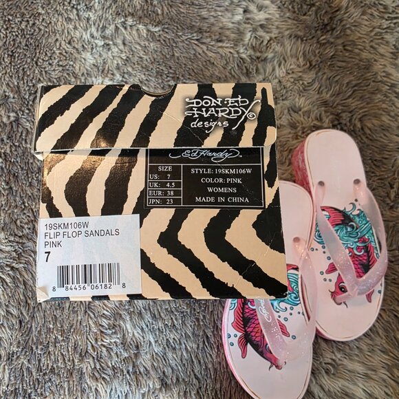 Ed Hardy koi fish graphic wedge Flip Flop sandal in original box 7 - Picture 7 of 11